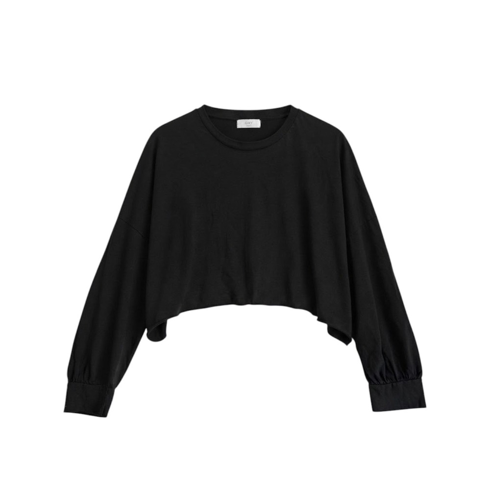 Oak + Fort Long Sleeve Top Women M Black Cropped Raw Hem Minimalist RN148388